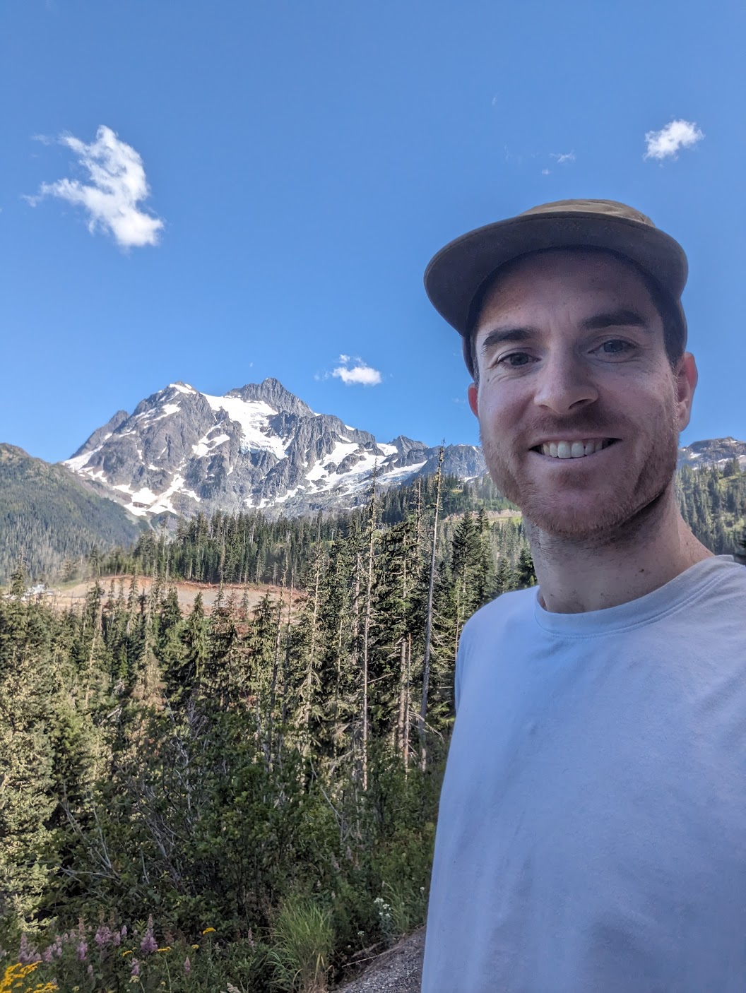 Me smiling because of the mountain in the background